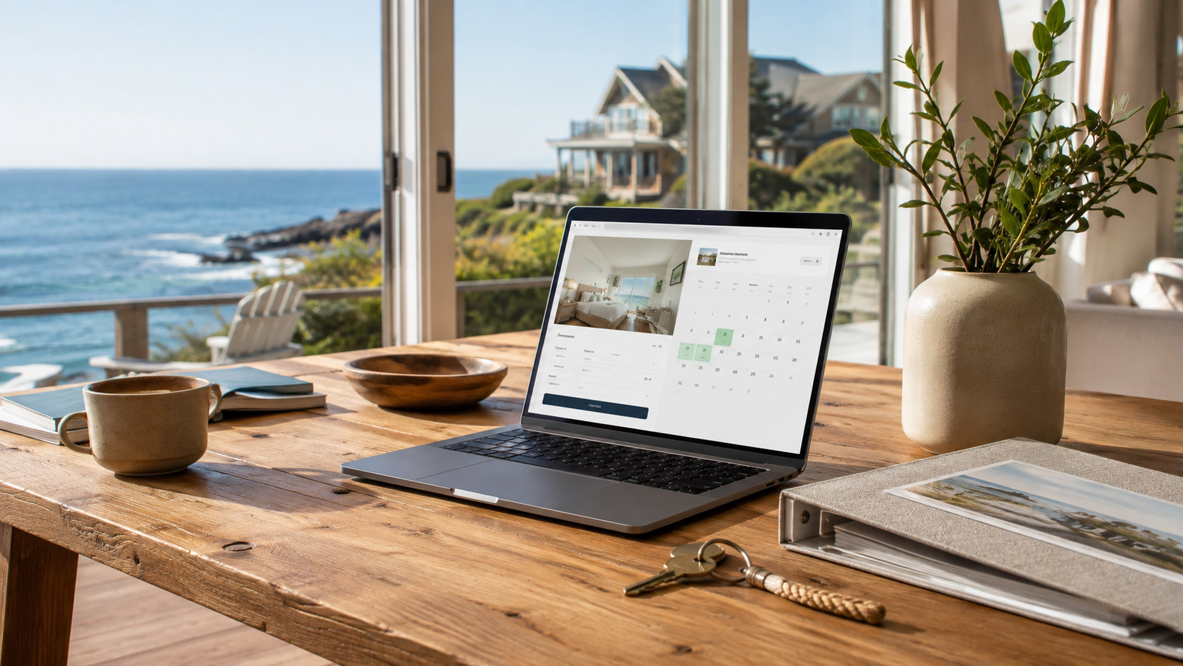 A laptop beside a set of keys showing an owner's own booking page with dates selected