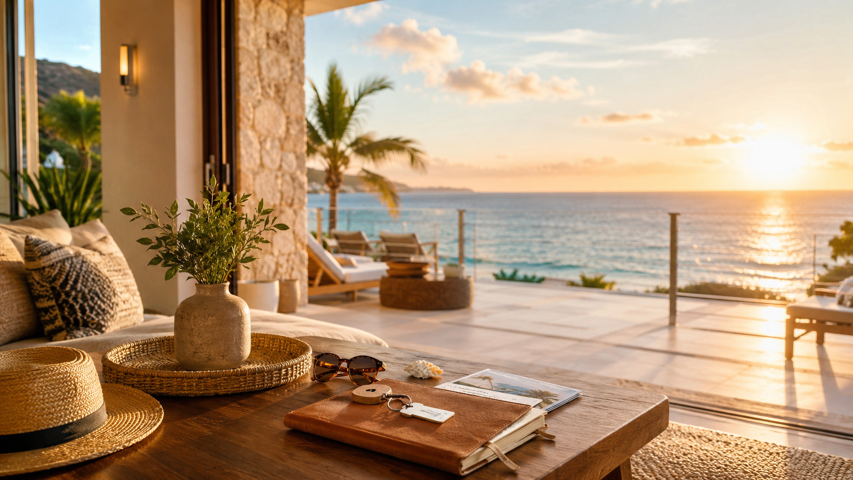 The terrace of a beachfront vacation rental at sunset, with a sun hat and a set of keys on the table