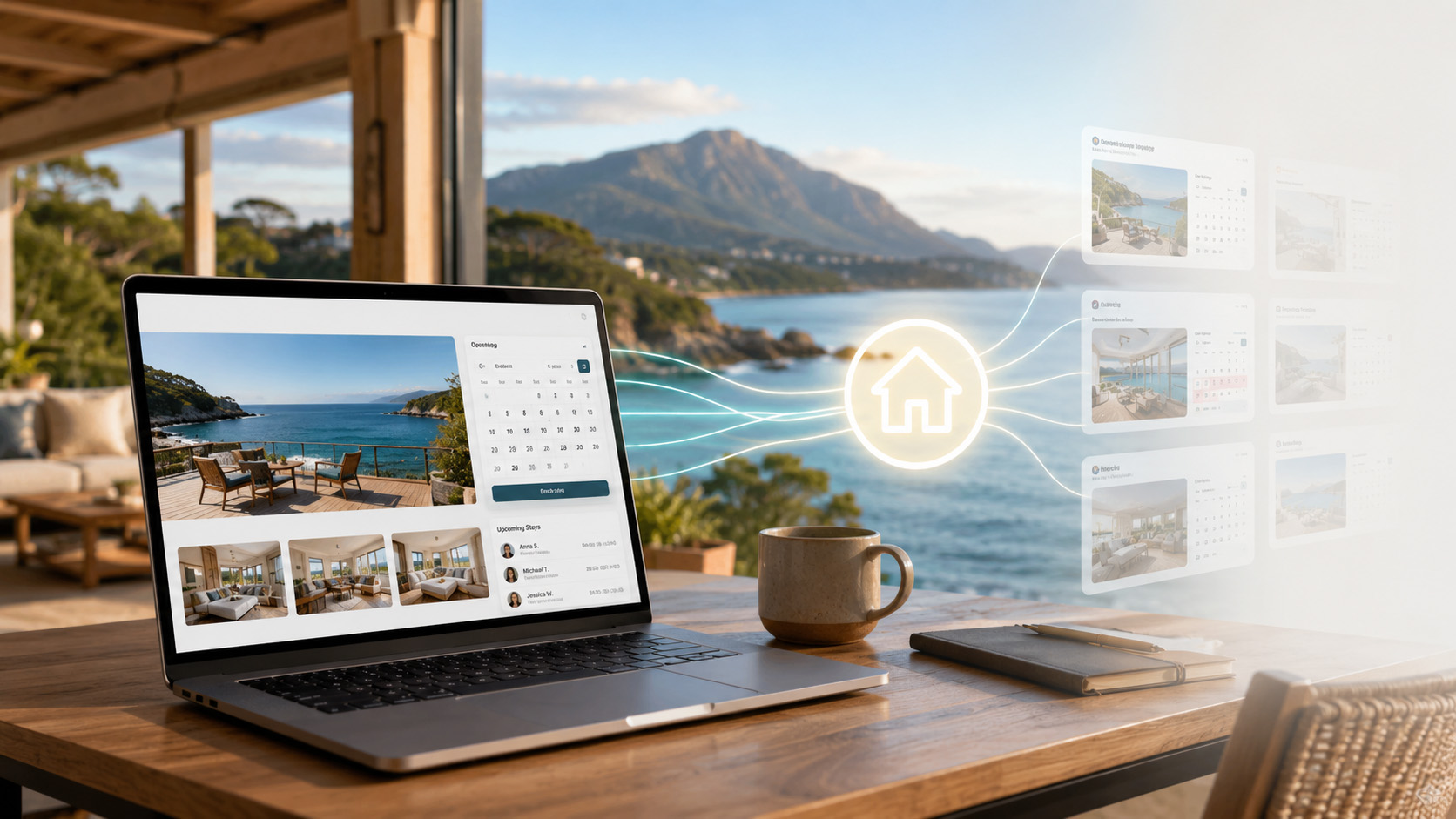 A laptop showing a property booking calendar linked out to several other calendars