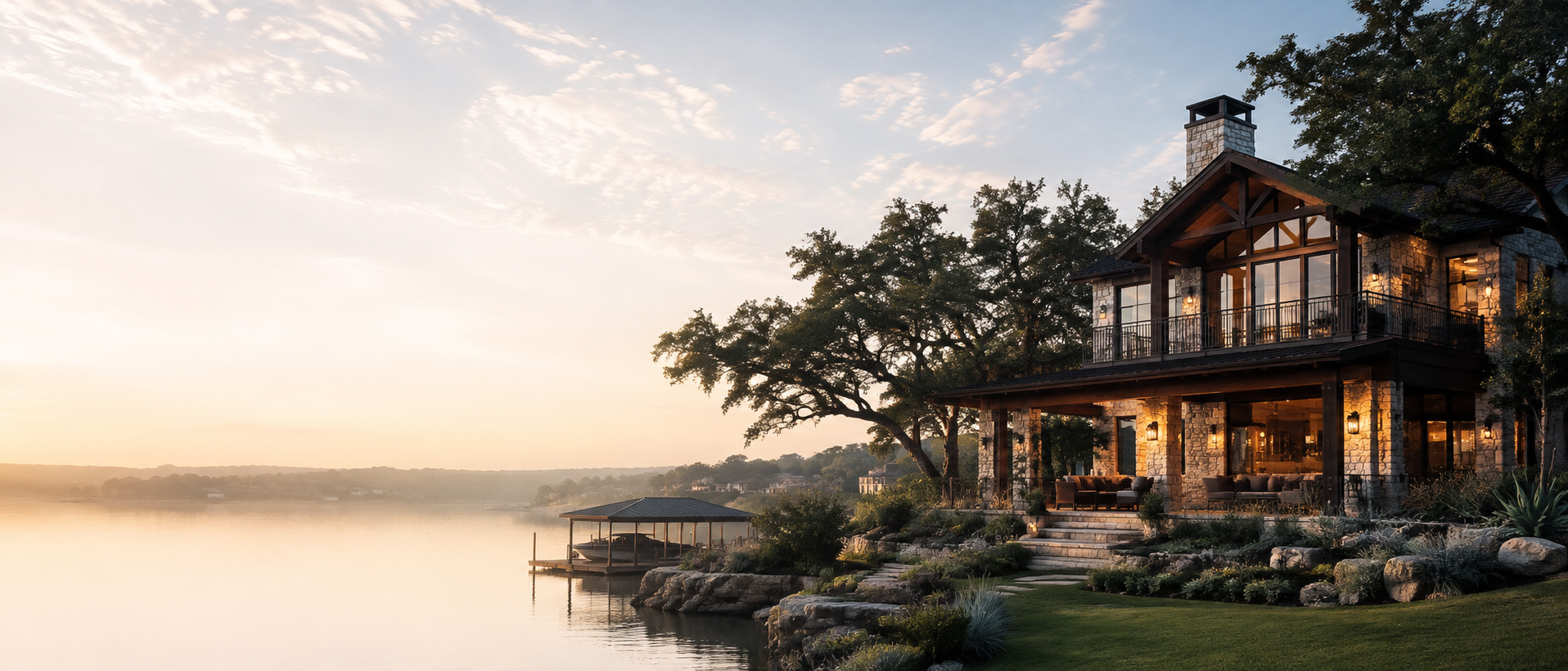 A lakeside stone and timber vacation rental at golden hour, its windows lit above a private dock